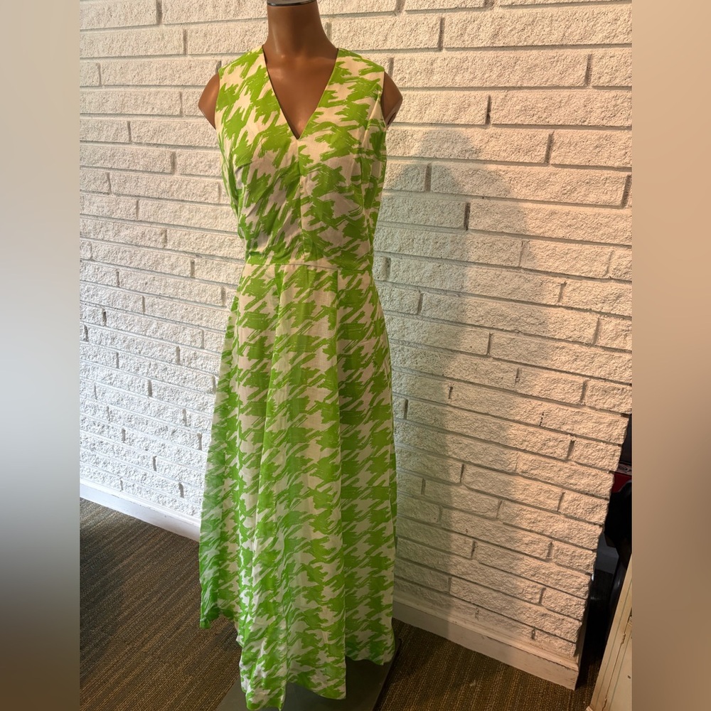 1960s Parnes Feinstein Green and White Houndstooth Women's Cotton Dress